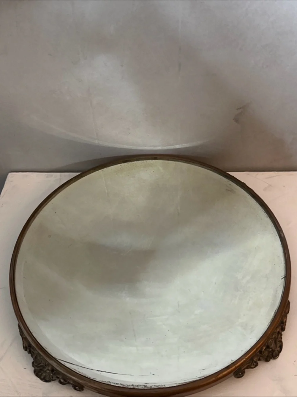Antique COPPER Mirror Plateau with Raised Feet and Beveled Edge